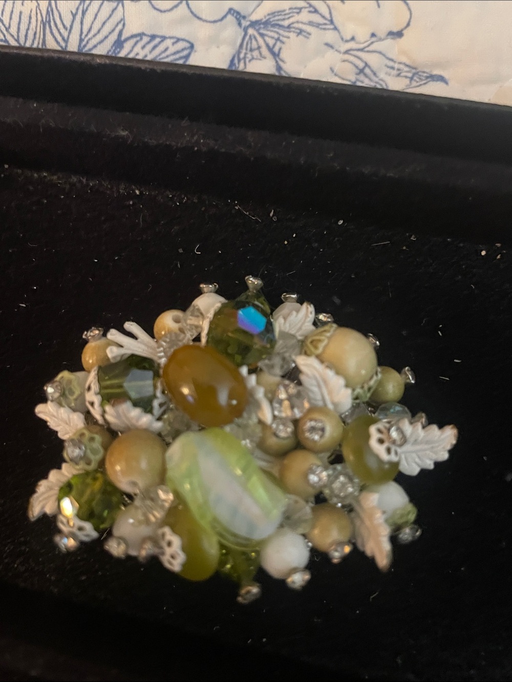 Olive Green Cluster Brooch with White Leaf Accents
